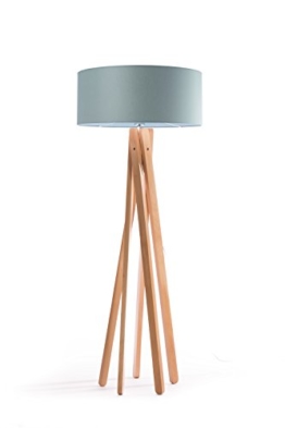 Hochwertige Design Stehlampe Tripod mit Stoffschirm in grau und Stativ/Gestell aus Holz (Buche) | H= 160cm | Stehleuchte | Natur | Handgefertigte Leuchte - 1