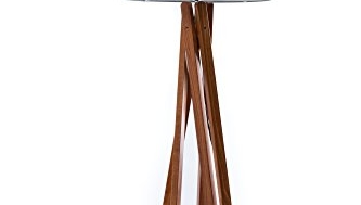 Hochwertige Design Stehlampe Tripod mit Stoffschirm in grau und Stativ/Gestell aus dunklem Holz Echtholz Nussbaum | H= 160cm | Stehleuchte | Natur | Handgefertigte Leuchte - 1