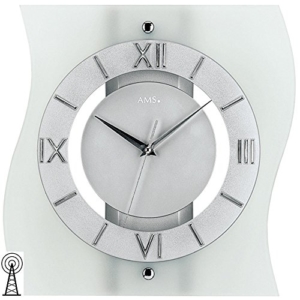 AMS Glas Funk-Wanduhr modern, analoge Designer-Uhr mit römischen Ziffern unter einer Glasfront - moderne Funkuhr mit einer Holzrückwand in Silber lackiert; Sekundenzeiger - 2
