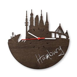 Skyline Hamburg 2016 Wanduhr aus Eichen-Holz geräuchert Made in Germany | Design Uhr aus Echtholz | Wand-Deko aus Eiche geräuchert | Originelle Wand-Uhr | Moderne Wand-Uhr im Skyline Design | Wand-Dekoration aus Natur-Holz - 1