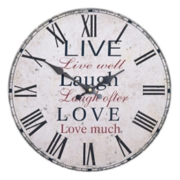 Wanduhr - Live Laugh Love - Holz Küchenuhr mit großem Ziffernblatt aus MDF, Retro Uhr im angesagtem Shabby Chic Design mit leisem Quarz-Uhrwerk, Ø: 32 cm - 1