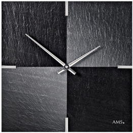 ausgefallene Wanduhr quadratisch aus dem Naturstoff Schiefer von AMS design mit Airbrush Technik veredelt; Farbe Silber / Schwarz analoge Hängeuhr in Steinoptik - 1