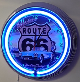 NEONUHR NEON CLOCK- BLUE CORVETTE C1 WITH PINUP GIRL-WALLCLOCK SHINING WITH BLUE NEON RIM-WANDUHR BELEUCHTET MIT BLAUEN NEON RING! - 1