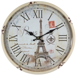 perla pd design Metall Wanduhr mit Glasscheibe Vintage Design Eifelturm Paris altweiß lackiert ca. Ø 30 cm - 1