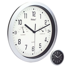 Wanduhr von Mebus mit Thermometer und Hygrometer Küchenuhr Schwarz Silber 25cm (Weiß) - 1
